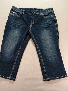 Warehouse One Premium Denim Capri Jeans, Size 16, Dark Wash, Embellished Pockets